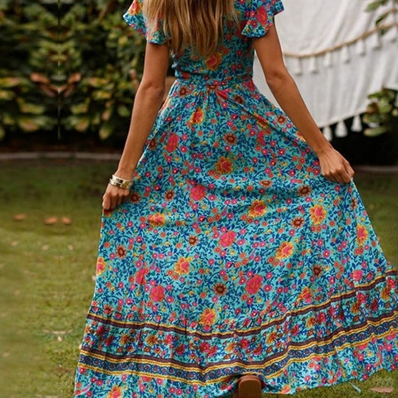 Boho faux wrap dress- floral blue- Small - Picture 8 of 8